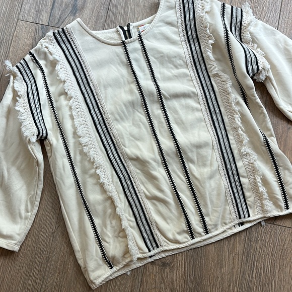 Anthropologie Eri & Ali Top Fringe Trim Black Cream Blouse Women Size Medium - Picture 3 of 12